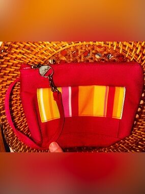 Lancôme pink cosmetic wristlet purse travel bag purse accessory organizer stripe